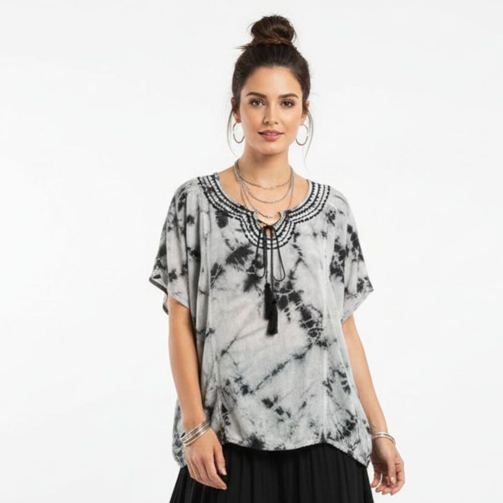 Ruff Hewn Gray Print Boho Peasant Embroidered Smock Top L
